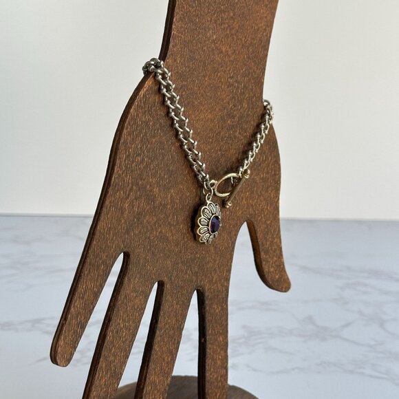 Vintage Silver & Gold Tone Chain Bracelet with Faceted Rhinestone Dangle - Picture 4 of 4